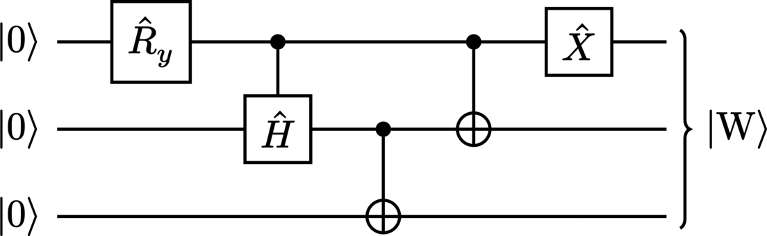 A quantum circuit diagram depicting the generation of a W state.